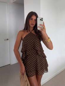 Siren Gaze Vestido de mujer con cuello halter, de varios niveles, con estampado de lunares, versátil y de moda - Marrón - Ver 13