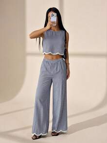 SHEIN PETITE 女款格紋圓領背心與鬆緊腰長褲兩件套，海軍藍與白色，夏季休閒度假風，蕾絲飾邊克ريب面料復古法式套裝，適合嬌小女性 - 藏蓝色 - 查看 3