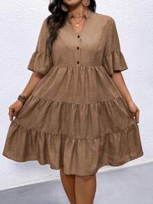 EMERY ROSE Vestido elegante de talla grande con cuello con muesca y dobladillo con volantes de unicolor - Marrón - Ver 3