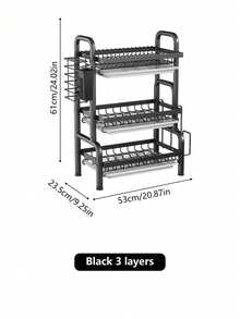 1 pièce Grand support de rangement de cuisine à 3 niveaux avec drainage rapide, support pour couteaux et fourchettes, support pour planche à découper, organisateur multifonctionnel de plan de travail pour bols, assiettes et plus, support à ustensiles | Support métallique élégant | Ustensiles de cuisine, organisateurs et rangements de cuisine - Noir - Voir 12
