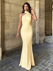 Firerie Elegant, Glamorous, And Stylish, This Goose-Yellow Knit Dress Features A Deep Backless Design, A Flowing Ribbon Neckline Party Wedding - Yellow - View 6