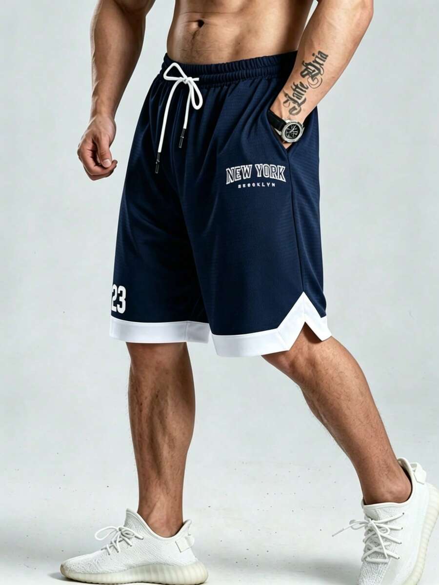 Gym Rark Men's Letter Print Striped Contrast Color Drawstring Waist Pocket Sports Shorts, Football - Navy Blue - View 1