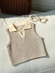 SHEIN 青少年女孩可愛條紋針織無袖 Polo 衫，適合夏季多用途穿搭 - 彩色 - 查看 4