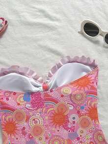Swim Mod Traje de baño de una pieza con cuello halter y volantes con estampado floral para niña - Multicolor - Ver 3