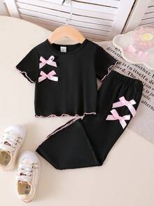 Elladie kids Adorable Two-Piece Black Baby Girls Outfit With Ruffled Edges And Round Neck Design - Black - View 3