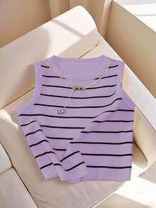 GlowEve Women's Striped Crew Neck Casual Versatile Daily Wear Top - Mauve Purple - View 3