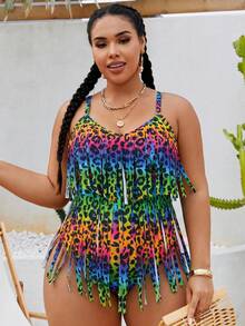 Slaydiva 2026 New Summer Beach Vacation Colorful Leopard Print Animal Pattern Music Festival Party Tassel Plus Size Romper - Multicolor - View 5