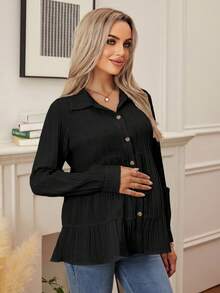 SHEIN 純色長袖荷葉邊休閒孕婦上衣 - 黑色 - 查看 4