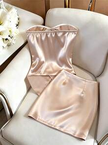 GlowEve A Casual Two-Piece Set Consisting Of A Lady's Solid Color Pleated Camisole Top And Mini Skirt, Suitable For Daily Life, Shopping, And Party Occasions. - Apricot - View 2