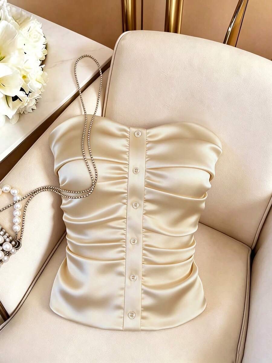 GlowEve Áo ống xếp ly bằng satin màu mơ, trang trí cúc, kiểu dáng thanh lịch dành cho nữ. - Màu be - Xem 1