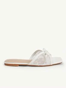 CUCCOO CHICEST Damenschuhe Damen Neue Sommer Quadratische Zehenkappe Flacher Boden Weiße Spitze Schleife Modische und elegante Damen Flache Sandalen Pantoffeln Geeignet für täglichen Arbeitsweg, Büro, Urlaub und andere Orte - 2025 Netto Weiß Nr. 2 - Übersicht 3