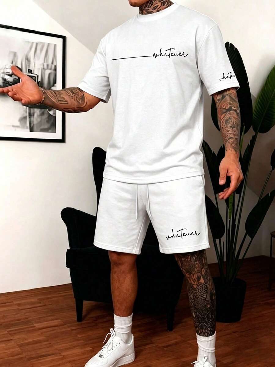 Manfinity Homme 2pcs/Set Men's Letter Print Contrast Color Round Neck Short Sleeve T-Shirt And Drawstring Waist Pocket Shorts - White - View 1