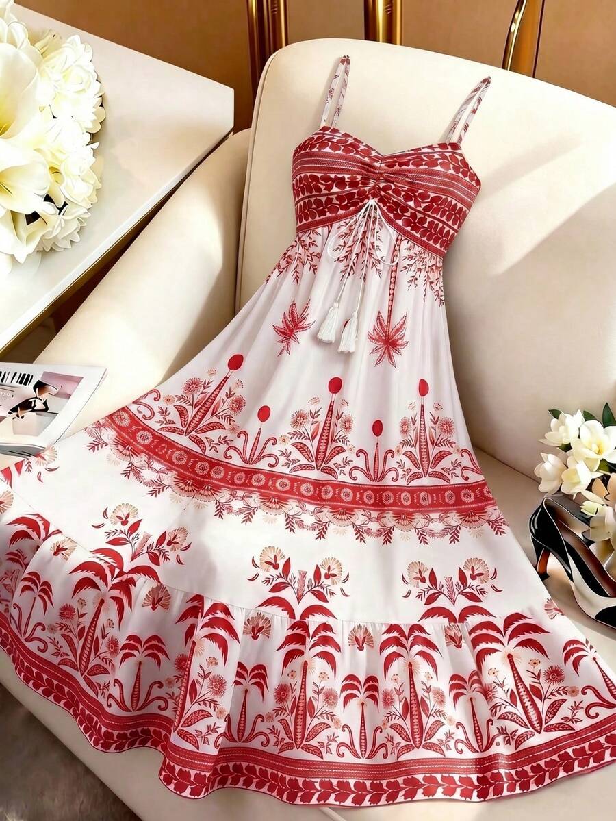GlowEve Women's White Floral Summer Boho Beach Party Holiday Holiday,Printed Spaghetti Strap Tie Waist A-Line Maxi Dress, Elegant French Retro Versatile - Red - View 1