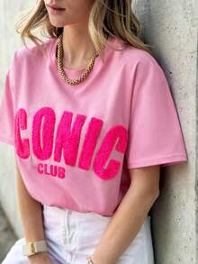 DrmWander Plus Size Women Letter Print Round Neck Short Sleeve Casual T-Shirt - Pink - View 3