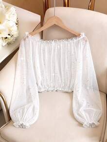 GlowEve Áo croptop nữ thời trang đính sequin và in họa tiết kim loại, kiểu dáng trễ vai, tay phồng, phong cách thường ngày. - trắng - Xem 2