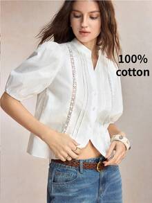 BizChic Blusa de mujer con parches de encaje, de un solo pecho, versátil y de moda - Blanco - Ver 6