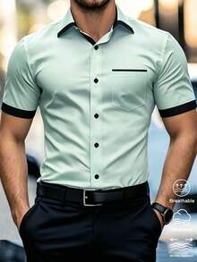 Manfinity Bizformal Men's Summer Casual Vacation Daily Work Commute Contrast Trim Short Sleeve Formal Shirt, Ceremony - Green - View 6