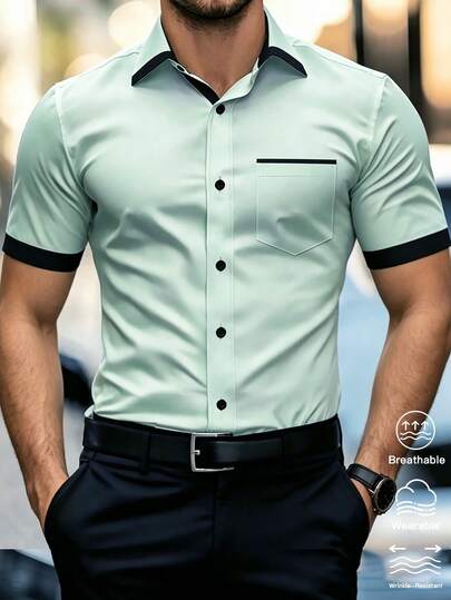Manfinity Bizformal Men's Summer Casual Vacation Daily Work Commute Contrast Trim Short Sleeve Shirt