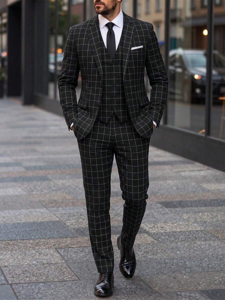 Manfinity Bizformal Men's Stand Collar Long Sleeve Blazer And Pants 2 Pieces Formal Suit Set For Casual Commuting , Ceremony - Black - View 1