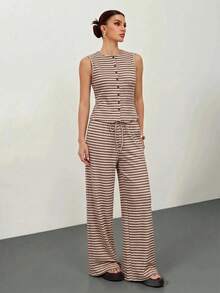 SHEIN Tall 2pcs Women Casual Striped Front Button Long Sleeve Top And Wide Leg Pants Set, Autumn - Khaki - View 5