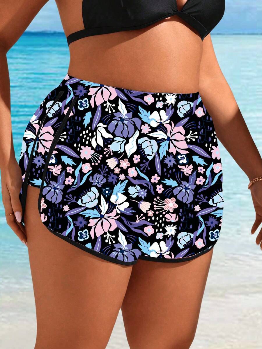 Swim Lushoire Celana Pendek Pantai Motif Bunga Ukuran Besar untuk Wanita, Cocok untuk Liburan - Hitam - View 1