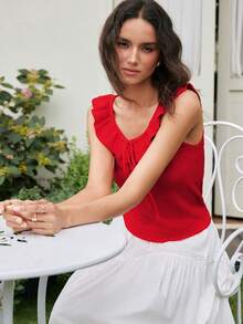 Gaivellea Women's Summer Solid Color Ruffle Tie Front Knit Top Golf Pastal Sexy - Red - View 6