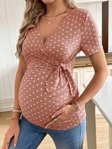 SHEIN Casual Elegant Tie Bow Polka Dot Print Maternity T-Shirt - Baby Pink - View 4