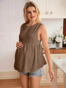 GentleRue Maternity Casual Loose Solid Color Round Neck Sleeveless Drawstring Maternity Top - Coffee Brown - View 3