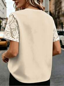 EMERY ROSE Lace Pattern Print Fashionable Round Neck Short Sleeve Plus Size T-Shirt - Multicolor - View 2