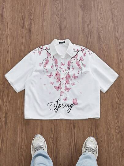 Manfinity Joysei 休闲时尚夏季樱花盛开标语白色短袖衬衫