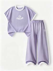 Casuvi Kids Tween Girls Casual All-Match Versatile Daily Wear Black & White Contrast Trim Round Neck Raglan Sleeve T-Shirt + Straight Leg Knit Pants Set - Violet Purple - View 3