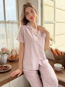 Snug Reverie Classic Striped Collar Short Sleeve Pajama Set - Baby Pink - View 5