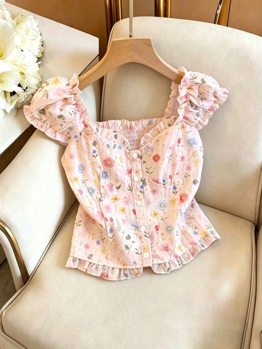 Qadelle Women's 2026 Spring/Summer New Ditsy Floral Embroidery Print Ruffle Trim Short Cap Sleeve Vacation Blouse - Baby Pink - View 1