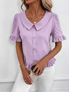 SHEIN Clasi 女款素色前扣短袖休閒上衣，日常穿搭，外出上衣，夏季女裝套裝 - 淡紫色 - 查看 3
