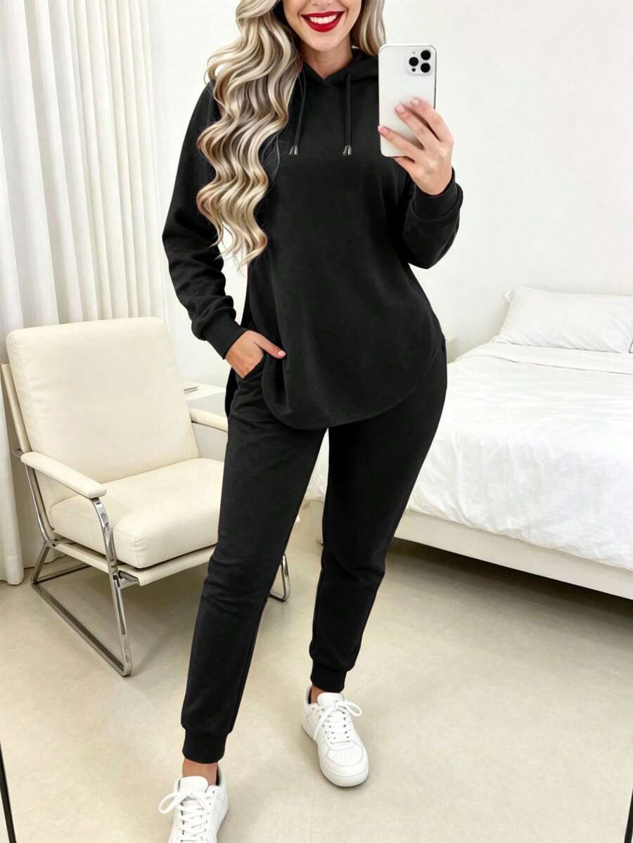 Tropvida 2pcs Set Women Plain Long Sleeve Hoodie Top And Long Pants Fall Cloth For Women - Black - View 1