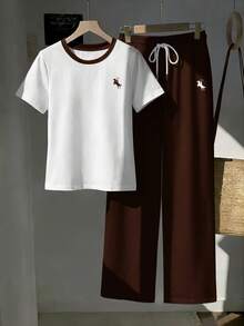 SHEIN EZwear 两件套：刺绣圆领短袖上衣和条纹印花长裤，休闲款 - 棕色 - 查看 5