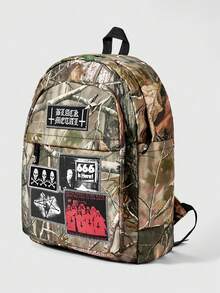 ROMWE 1Pc Dark Goth Style Leaf Camouflage Print Rivet Embroidered Cross Skull Head Letter Design Multi-Pocket Large-Capacity Backpack, Subculture Rock Unisex Backpack, Suitable For Commuting, School, Travel, Etc - Camouflage green - View 7