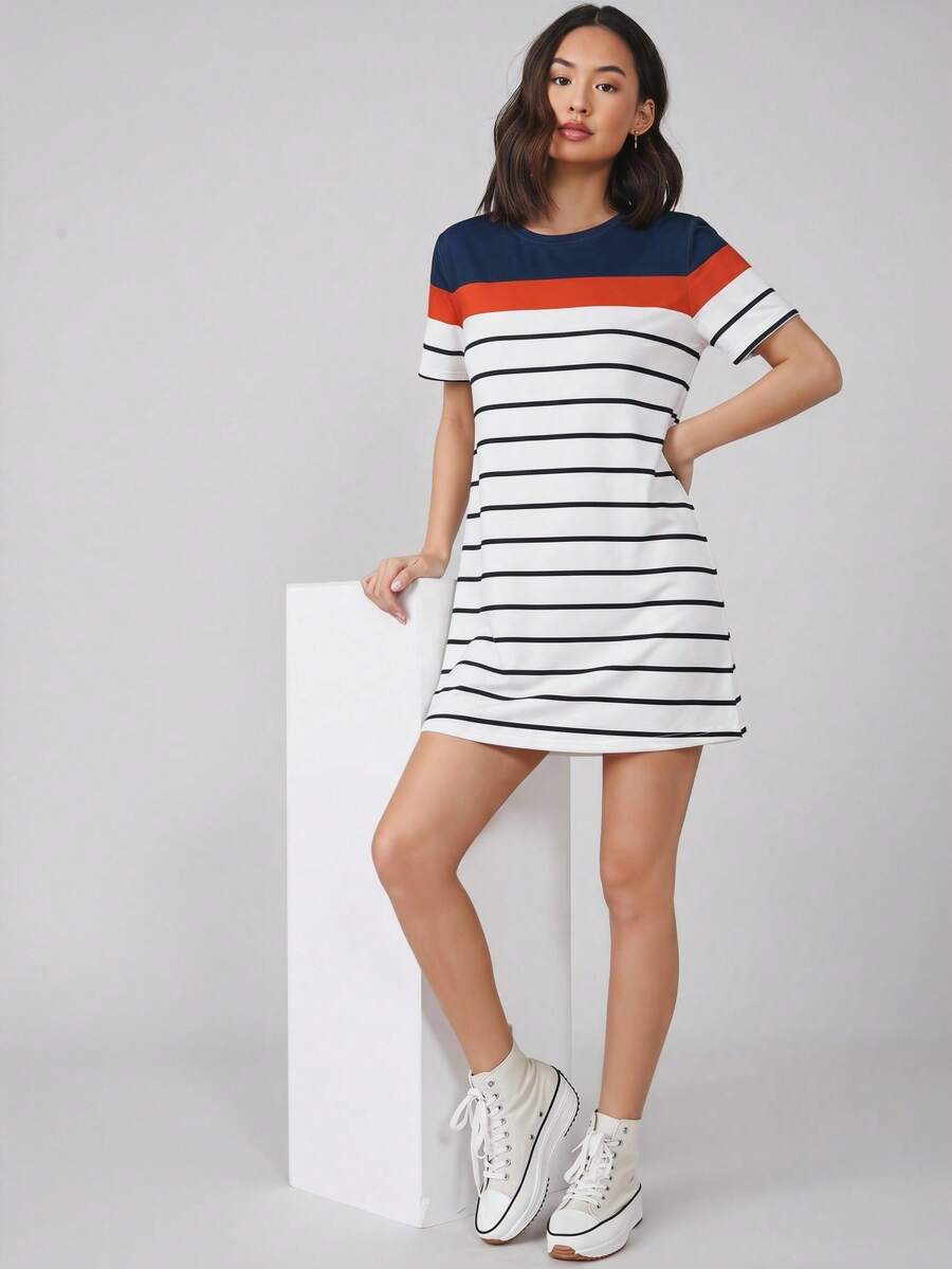 SHEIN BASICS Women's Summer Casual Vacation & Commute Colorblock Striped Print Short Sleeve Mini Dress