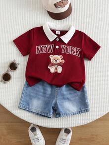 SHEIN 2件/組 嬰兒男童夏季休閒可愛紅色 Polo 衫 & 藍色牛仔短褲，Polo 套裝，牛仔套裝，可愛套裝，正式套裝，嬰兒男童套裝 - 彩色 - 查看 4