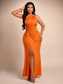 Brilight Sexy Tight Party Dress, Orange One-Shoulder Evening Dress, Plus-Size Dress, Summer Vacation Dress - Orange - View 6