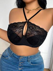 DesireSculpt Women's Plus Size Black Flower Lace Scallop Splice Hollow Demi Bra,Comfortable Soft Cup Anti-Sagging Minimizer Underwire Instantlift Support Bra - Black - View 5