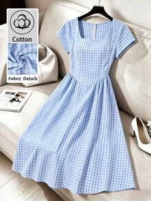 SHEIN PariChic Women's Casual Elegant Summer Square Neck Fitted Crinkle Plaid Dress, Suitable For Daily Wear - Blue and White - View 3