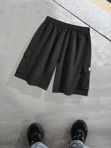 Manfinity Homme 男款字母貼布工裝短褲，抽繩腰部，日常穿著街頭風，度假適用 - 黑色 - 查看 2