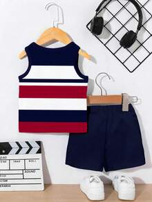 Souflis Souflis 2pcs/Set Young Boy's Fashionable Minimalist Logo & Striped Print Round Neck Tank Top Paired With Navy Blue Shorts, Suitable For Summer Outings - Multicolor - View 2