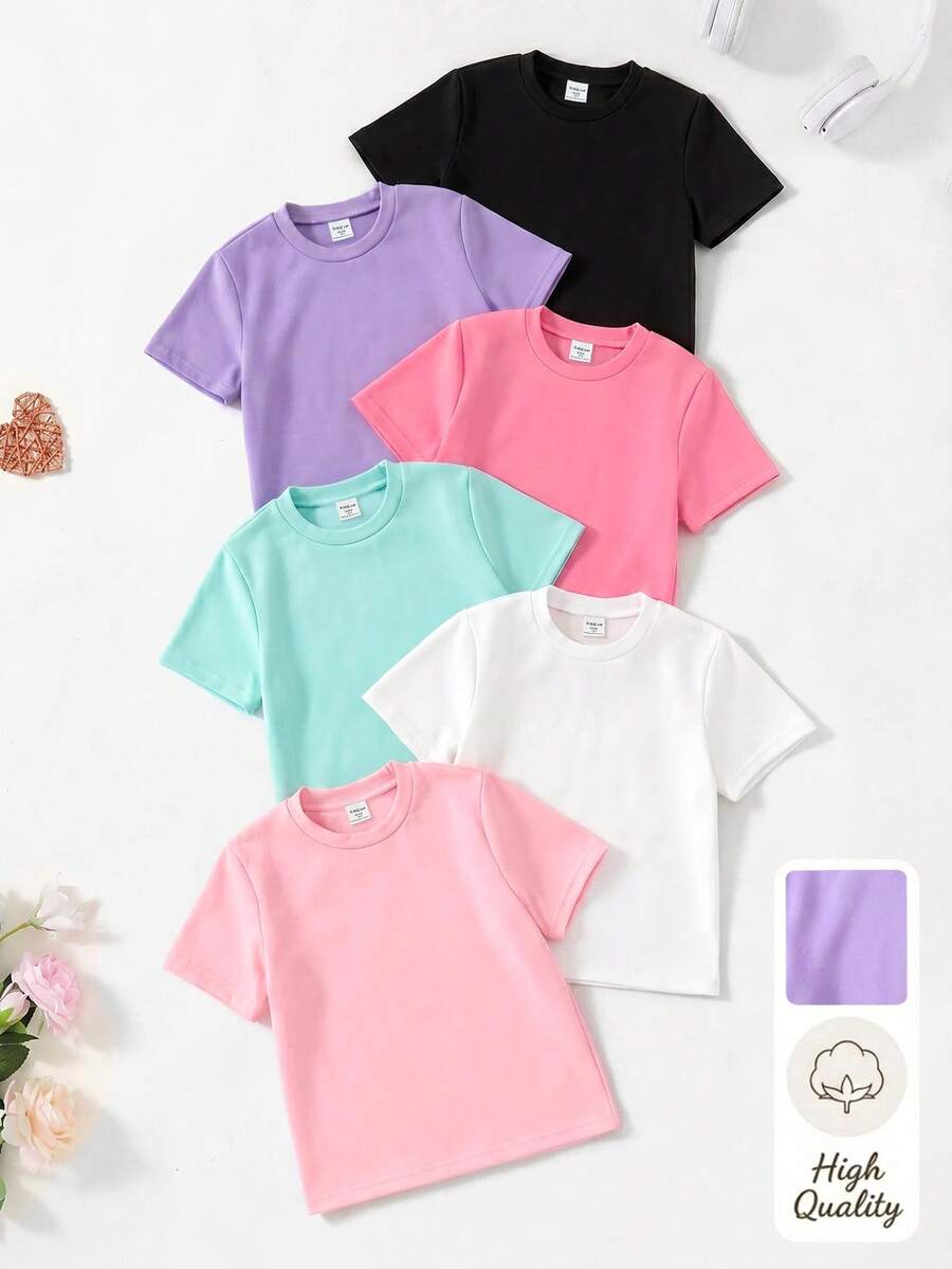 SHEIN 6 Stücke Mädchen Casual Komfortable Unifarben Rundhals Kurzarm T-Shirt Set, Sommer, ideales Geschenk für Mädchen Oberteile Kinder - Verschiedenfarbig - Übersicht 1