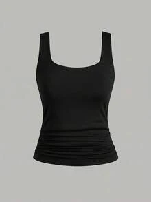 SHEIN Kamisol Rajut Hitam Elastis Tinggi untuk Remaja Perempuan, Kerah Persegi, Pinggang Berkerut, Pas Badan, Serbaguna - Hitam - View 6