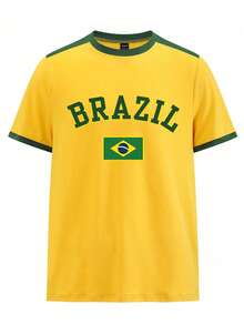 Manfinity Dauomo Áo thun nam cổ tròn thiết kế cắt khoét, in chữ và cờ Brazil - Nhiều màu - Xem 1
