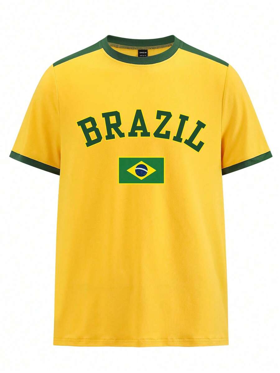 Manfinity Dauomo Áo thun nam cổ tròn thiết kế cắt khoét, in chữ và cờ Brazil - Nhiều màu - Xem 1