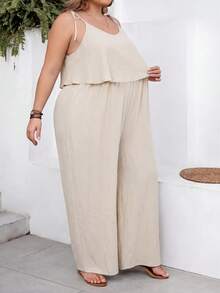 SHEIN CURVE+ Curve 尺码 US22 音乐节、海滨度假、波西米亚风女士休闲度假纹理纯色连体裤 - 杏色 - 查看 4