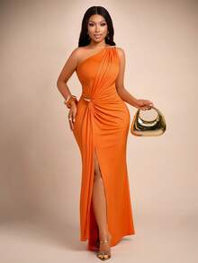 Brilight Sexy Tight Party Dress, Orange One-Shoulder Evening Dress, Plus-Size Dress, Summer Vacation Dress - Orange - View 5